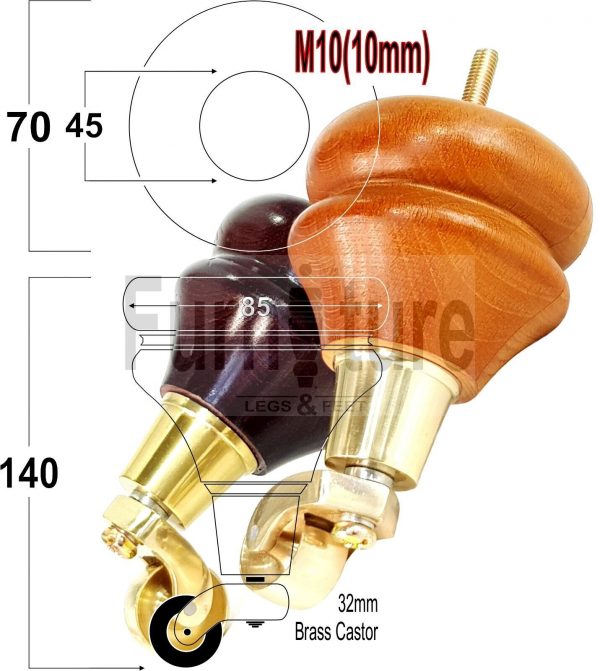 4x Turned Wood Furniture Castor Leg M8 Replacement Feet Chairs Settee Sofa 140mm