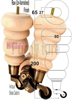 4x Turned Wood Furniture Castor Leg M8 Replacement Feet Chairs Stools Sofa 200mm