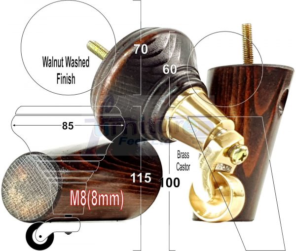 2x Wooden Castor Furniture Sofa Legs & 2x Angled Feet Chair Settee 125mm High M8 - Image 14