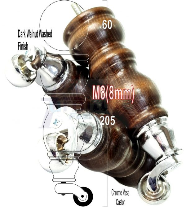 4x Solid Wood Furniture Sofa Legs M8 Replacment Feet With Castors 215mm 8.3 Inch High Dark Walnut Wash - Image 22