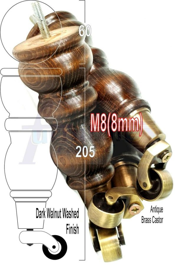 4x Solid Wood Furniture Sofa Legs M8 Replacment Feet With Castors 215mm 8.3 Inch High Dark Walnut Wash - Image 16