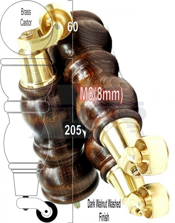 4x Solid Wood Furniture Sofa Legs M8 Replacment Feet With Castors 215mm 8.3 Inch High Dark Walnut Wash - Image 14