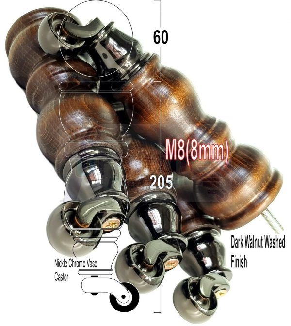 4x Solid Wood Furniture Sofa Legs M8 Replacment Feet With Castors 215mm 8.3 Inch High Dark Walnut Wash - Image 24