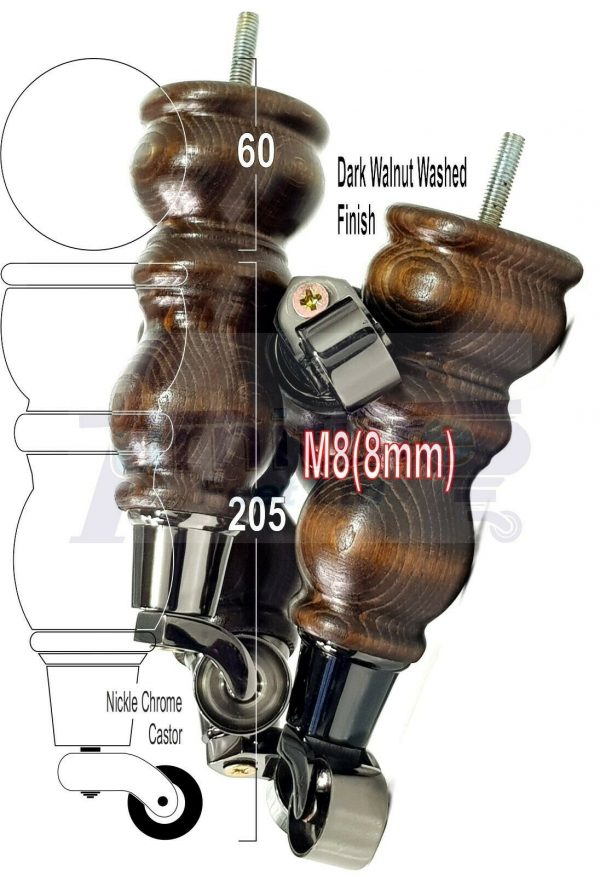 4x Solid Wood Furniture Sofa Legs M8 Replacment Feet With Castors 215mm 8.3 Inch High Dark Walnut Wash - Image 17