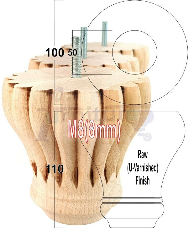 4x SOLID WOODEN FURNITURE LEGS M8(8mm) CHAIR REPLACEMENT BUN FEET 110mm HIGH - Image 33