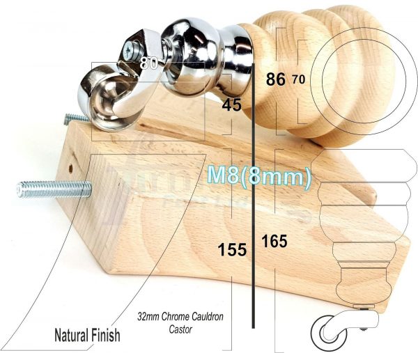 4x TURNED WOODEN CASTOR LEGS 165mm High CHAIR REPLACEMENT FURNITURE FEET M8(8mm) - Image 18