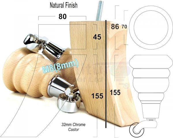 4x TURNED WOODEN CASTOR LEGS 165mm High CHAIR REPLACEMENT FURNITURE FEET M8(8mm) - Image 14
