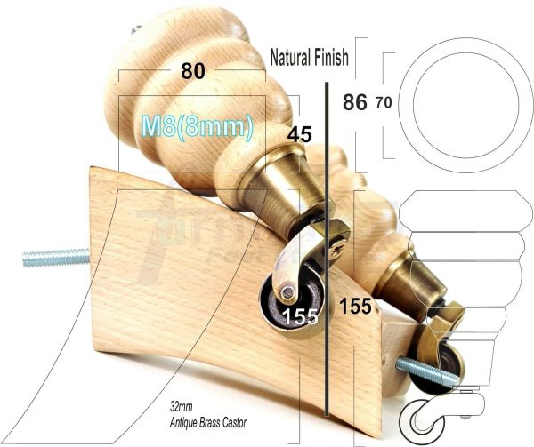 4x TURNED WOODEN CASTOR LEGS 165mm High CHAIR REPLACEMENT FURNITURE FEET M8(8mm) - Image 15