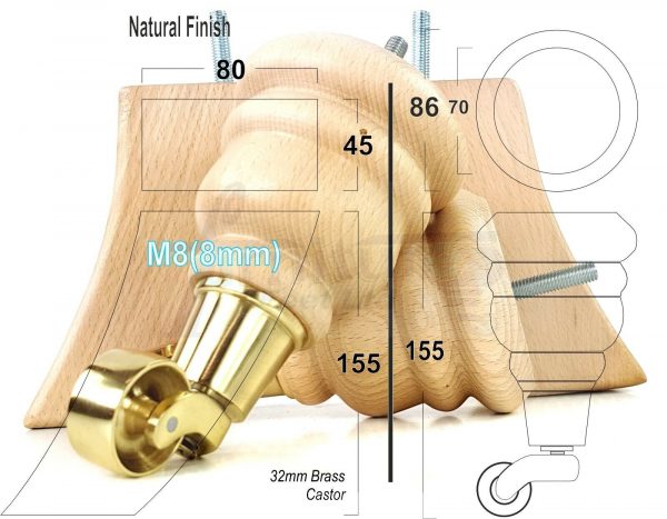 4x TURNED WOODEN CASTOR LEGS 165mm High CHAIR REPLACEMENT FURNITURE FEET M8(8mm) - Image 13