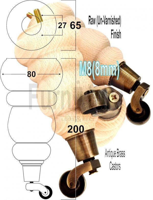 4x Turned Wood Furniture Castor Leg M8 Replacement Feet Chairs Stools Sofa 200mm - Image 29