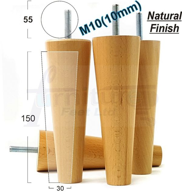 4x WOOD REPLACEMENT FURNITURE CHAIR LEG M10(10mm) TAPERED SETTEE FEET 150mm HIGH - Image 24