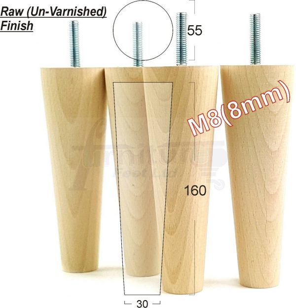 4x WOOD REPLACEMENT FURNITURE CHAIR LEG M8(8mm) TAPERED SETTEE FEET 160mm HIGH - Image 32