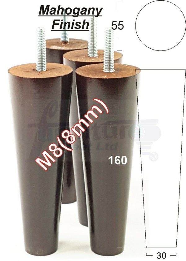 4x WOOD REPLACEMENT FURNITURE CHAIR LEG M8(8mm) TAPERED SETTEE FEET 160mm HIGH - Image 24