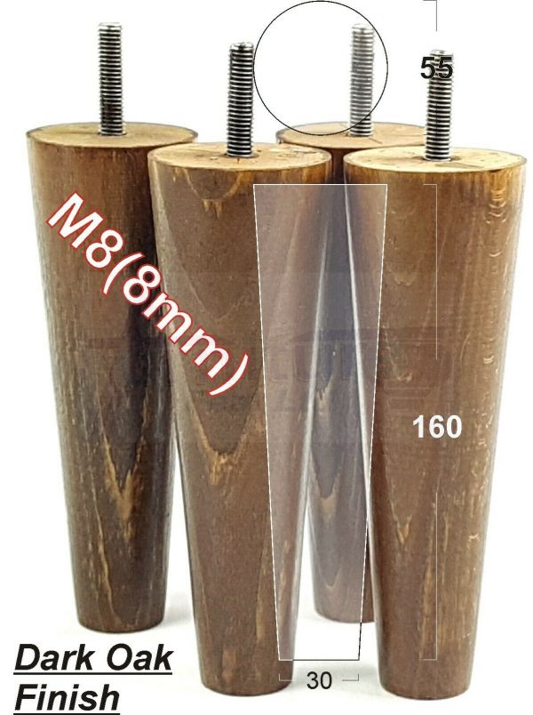 4x WOOD REPLACEMENT FURNITURE CHAIR LEG M8(8mm) TAPERED SETTEE FEET 160mm HIGH - Image 19