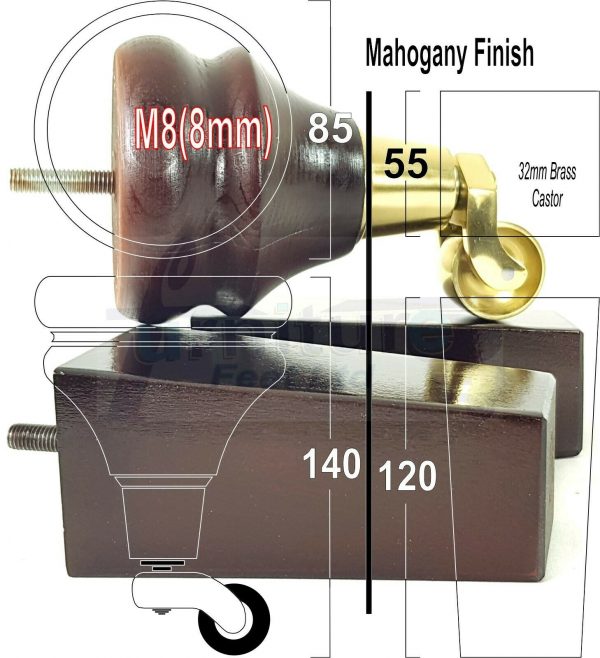 4x WOODEN FURNITURE CHAIR LEGS M8 REPLACEMENT SOFA FEET WITH CASTORS 140mm HIGH - Image 8