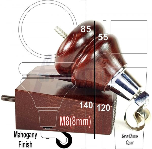 4x WOODEN FURNITURE CHAIR LEGS M8 REPLACEMENT SOFA FEET WITH CASTORS 140mm HIGH - Image 9
