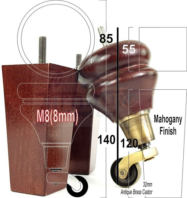 4x WOODEN FURNITURE CHAIR LEGS M8 REPLACEMENT SOFA FEET WITH CASTORS 140mm HIGH - Image 10