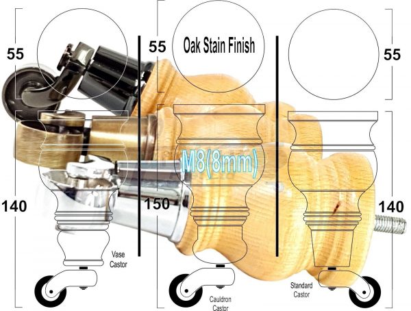 4 Turned Wood Castor Legs 150mm High Chair Sofa Furniture Feet Oak Stain M8 - Image 3