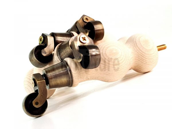 4 Turned Wood Furniture Leg Antique Brass Castor Wheel Raw Bun Feet 195mm High - Image 11