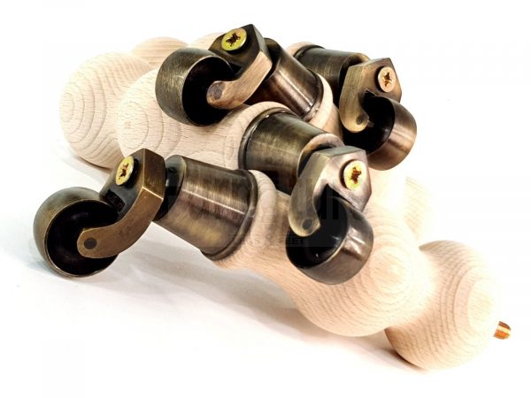 4 Turned Wood Furniture Leg Antique Brass Castor Wheel Raw Bun Feet 195mm High - Image 12
