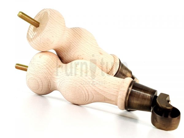 4 Turned Wood Furniture Leg Antique Brass Castor Wheel Raw Bun Feet 195mm High - Image 3