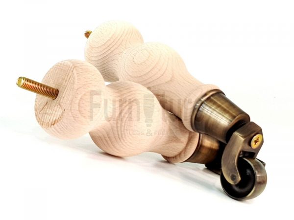 4 Turned Wood Furniture Leg Antique Brass Castor Wheel Raw Bun Feet 195mm High - Image 5