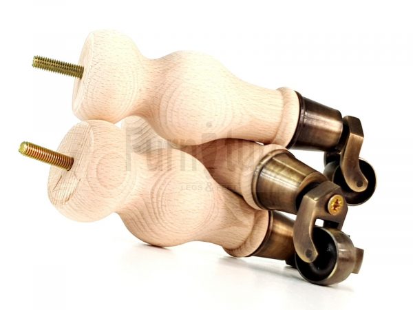 4 Turned Wood Furniture Leg Antique Brass Castor Wheel Raw Bun Feet 195mm High - Image 6