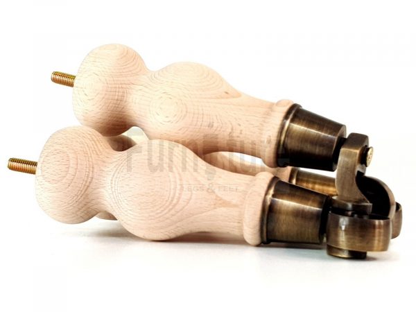 4 Turned Wood Furniture Leg Antique Brass Castor Wheel Raw Bun Feet 195mm High - Image 8