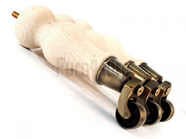 4 Turned Wood Furniture Leg Antique Brass Castor Wheel Raw Bun Feet 195mm High - Image 10