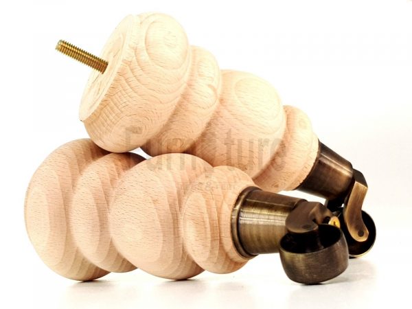 4 Turned Wooden Furniture Leg & Antique Castor Wheel Bun Feet Raw M8 200mm High - Image 11