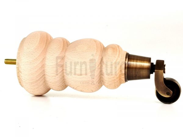 4 Turned Wooden Furniture Leg & Antique Castor Wheel Bun Feet Raw M8 200mm High - Image 12