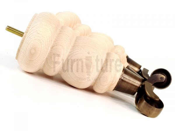 4 Turned Wooden Furniture Leg & Antique Castor Wheel Bun Feet Raw M8 200mm High - Image 3