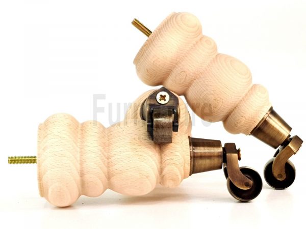 4 Turned Wooden Furniture Leg & Antique Castor Wheel Bun Feet Raw M8 200mm High - Image 4