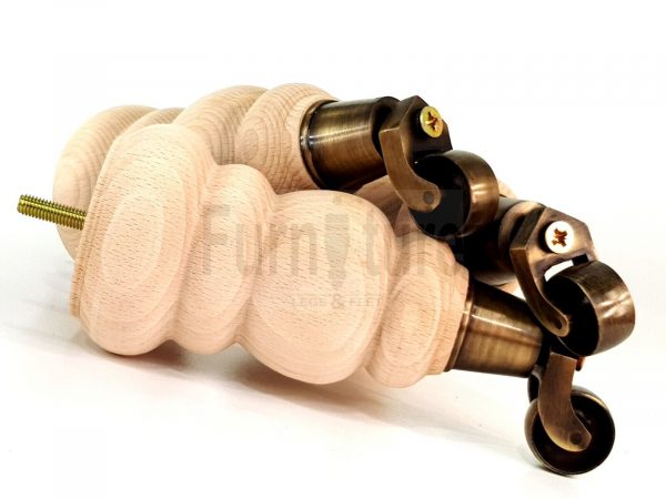 4 Turned Wooden Furniture Leg & Antique Castor Wheel Bun Feet Raw M8 200mm High - Image 7