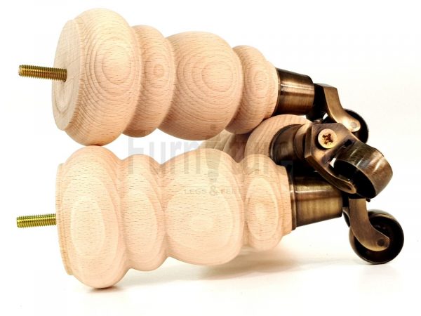 4 Turned Wooden Furniture Leg & Antique Castor Wheel Bun Feet Raw M8 200mm High - Image 8