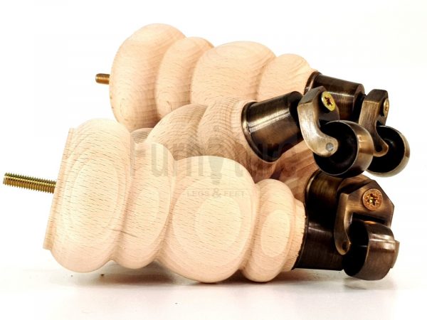4 Turned Wooden Furniture Leg & Antique Castor Wheel Bun Feet Raw M8 200mm High - Image 10