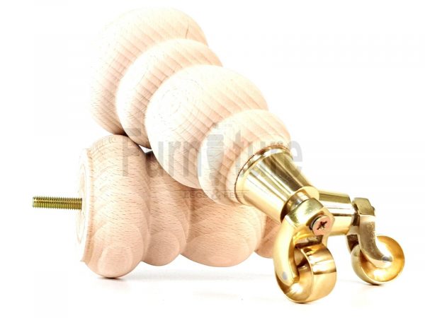 4 Turned Wooden Furniture Leg & Brass Castor Wheel Bun Feet Raw M8 200mm High - Image 12