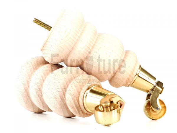 4 Turned Wooden Furniture Leg & Brass Castor Wheel Bun Feet Raw M8 200mm High - Image 13