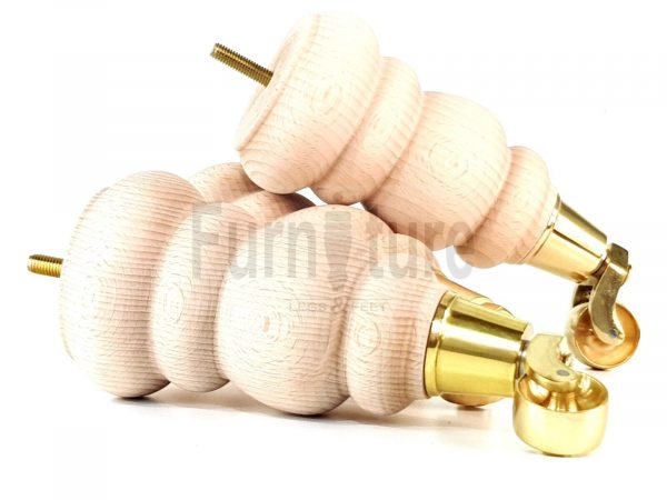 4 Turned Wooden Furniture Leg & Brass Castor Wheel Bun Feet Raw M8 200mm High - Image 14