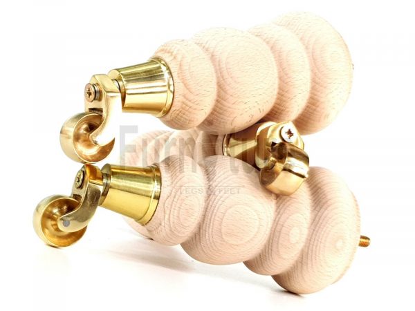 4 Turned Wooden Furniture Leg & Brass Castor Wheel Bun Feet Raw M8 200mm High - Image 3