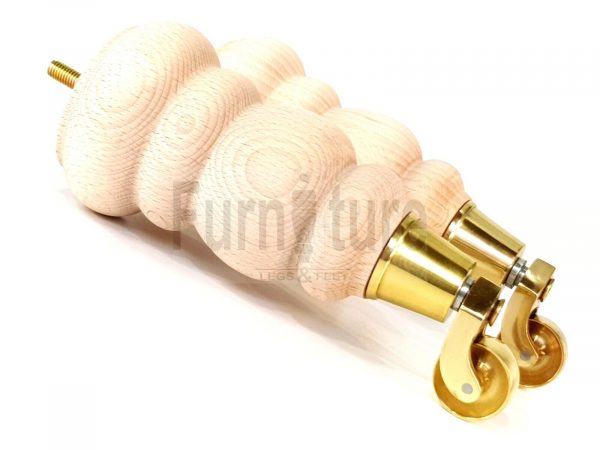 4 Turned Wooden Furniture Leg & Brass Castor Wheel Bun Feet Raw M8 200mm High - Image 5