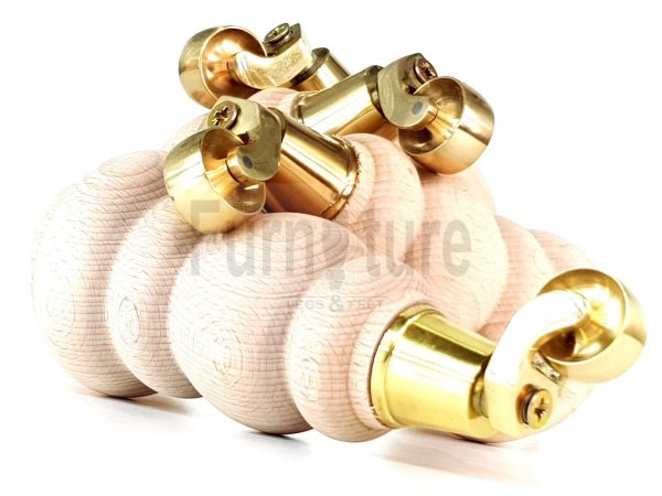 4 Turned Wooden Furniture Leg & Brass Castor Wheel Bun Feet Raw M8 200mm High - Image 7