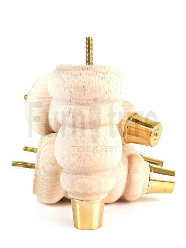 4 Turned Wooden Furniture Leg Brass Slipper Cup Raw Wood Bun Feet M8 160mm High - Image 3