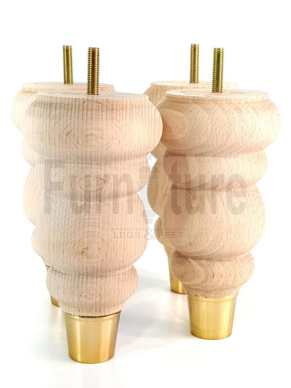 4 Turned Wooden Furniture Leg Brass Slipper Cup Raw Wood Bun Feet M8 160mm High - Image 5