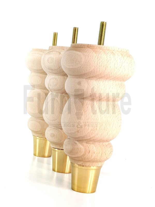 4 Turned Wooden Furniture Leg Brass Slipper Cup Raw Wood Bun Feet M8 160mm High - Image 6