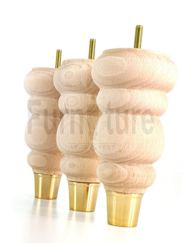 4 Turned Wooden Furniture Leg Brass Slipper Cup Raw Wood Bun Feet M8 160mm High - Image 7
