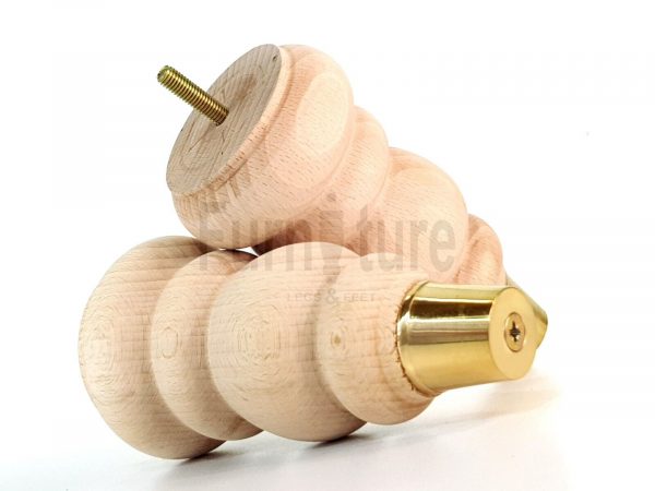 4 Turned Wooden Furniture Leg Brass Slipper Cup Raw Wood Bun Feet M8 160mm High - Image 9