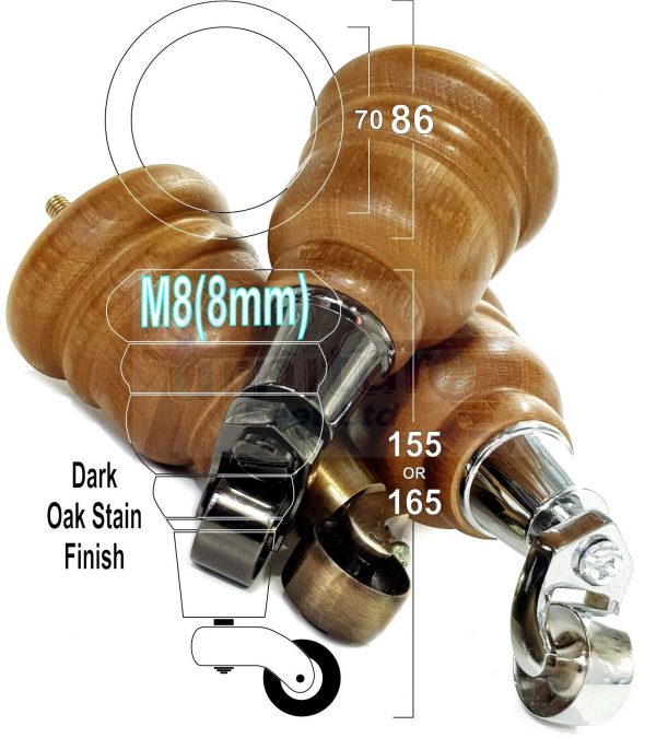 4x Turned Wood Furniture Sofa Legs M8 Replacement Feet With Castors 155mm High - Image 9