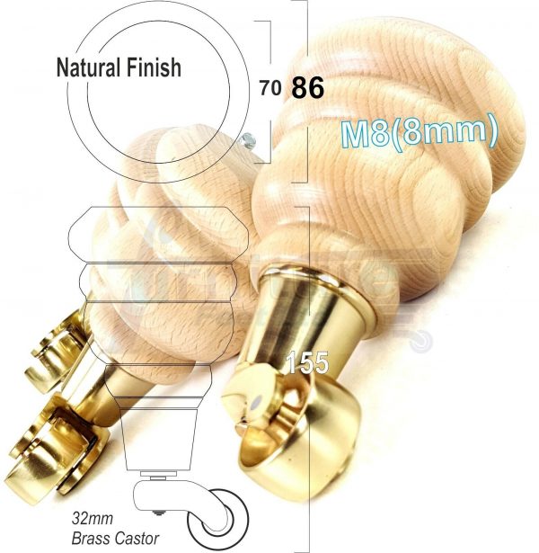 4 TURNED WOOD CASTOR LEGS 165mm High CHAIR REPLACEMENT FURNITURE FEET M8(8mm) - Image 10