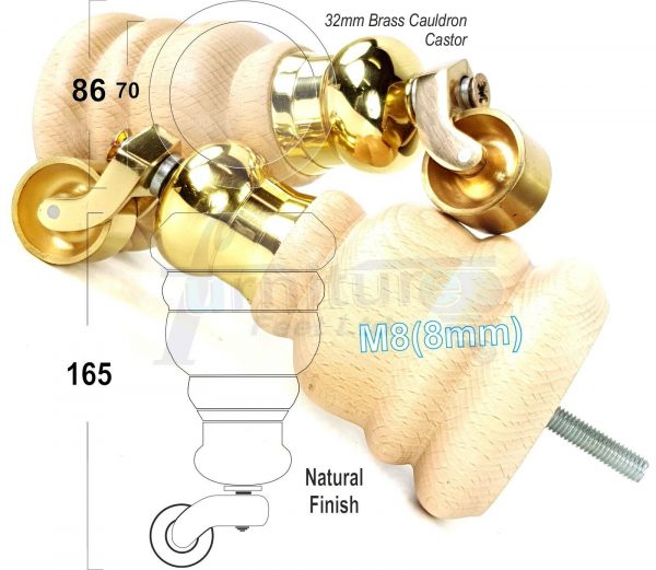 4 TURNED WOOD CASTOR LEGS 165mm High CHAIR REPLACEMENT FURNITURE FEET M8(8mm) - Image 14